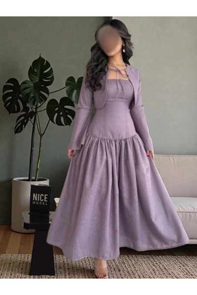 TREN Lavender Maxi Dress Jacket Set Linen Fabric Long Sleeve Pleated Gown Mod...