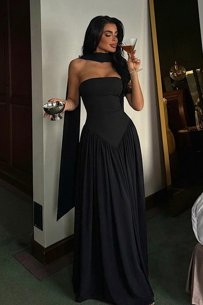 Eyyo Black Sinatra Long Strapless Dress with Tie Detail Ate-3502