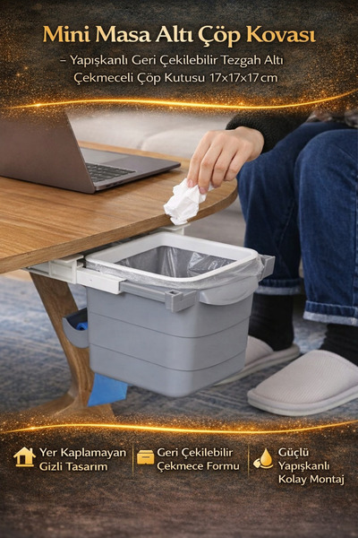 Hane Dostu Mini Masa Altı Çöp Kovası – Yapışkanlı Geri Çekilebilir Tezgah Alt...