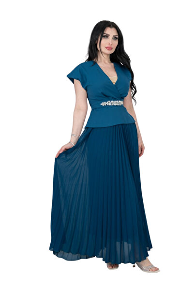 TREN Elegant Blue Chiffon Gown V-Neck Cap Sleeve Maxi Dress Crystal Waist Bel...