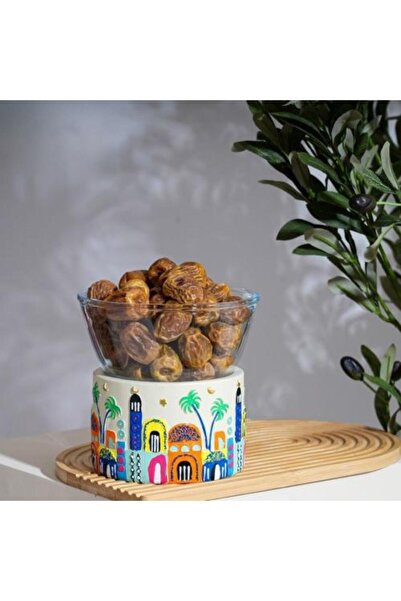 Generic Glass Serving Bowl with Elevated Ceramic Base and Colorful Heritage P...