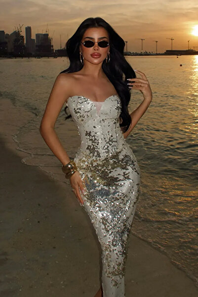 Eyyo Bej Rococo Uzun Straplez V Dekolteli Payetli Uzun Abiye Elbise ATE-4646