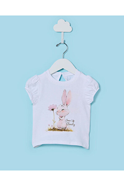 REDTAG Infant Girls White Bunny Printed T-Shirt