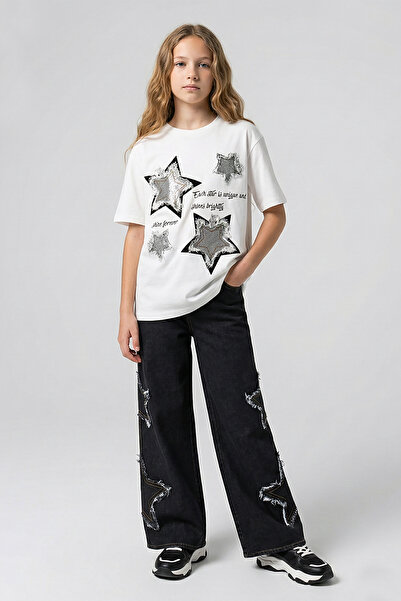 Dmb بنطلون جينز واسع الساق مزين بنجمة للفتيات
