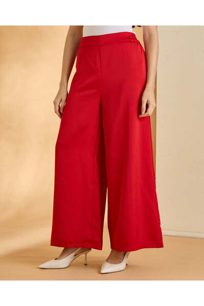 REDTAG Women Red Elasticated Wideleg Trousers