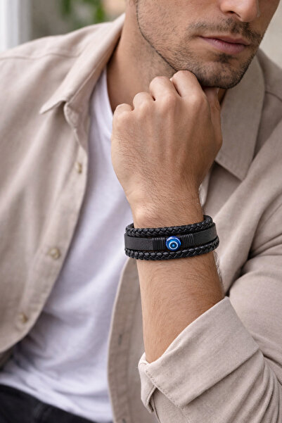 HER ŞEY NOTA www.herseynota.com Blue Nazar Noir Genuine Leather Men's Bracele...