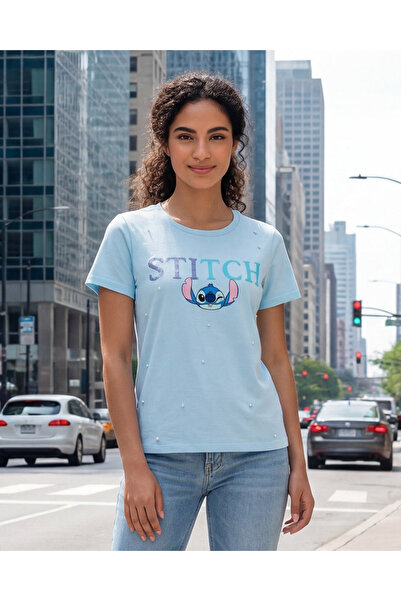 REDTAG Women Blue Stitch Embelished T-Shirt