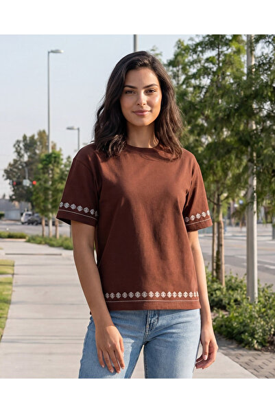 REDTAG Women Brown Embroidered T-Shirt