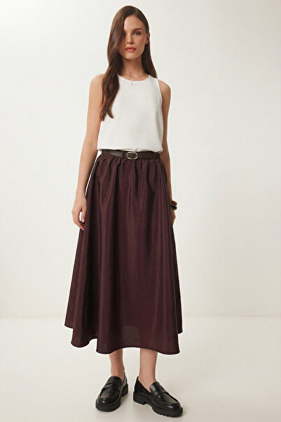 Lovelyİstanbul Belted Pocketed Midi Parachute Skirt Lcr0113 Mürdüm