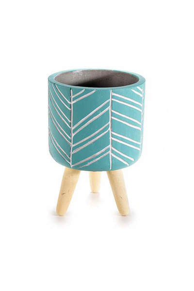 Decorer Flower Pot Wooden Ceramic Blue White 11x16 cm