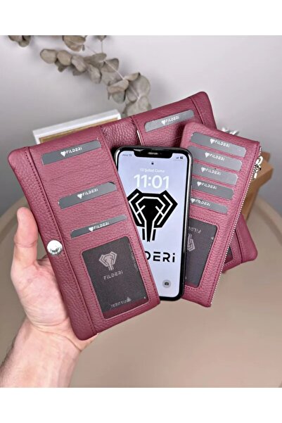 Fil Deri Genuine Leather Wallet with Phone Compartment and Zippered Card Hold...