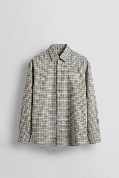 ablukaonline Men's Boxy Fit Plaid Long Sleeve Shirt Beige