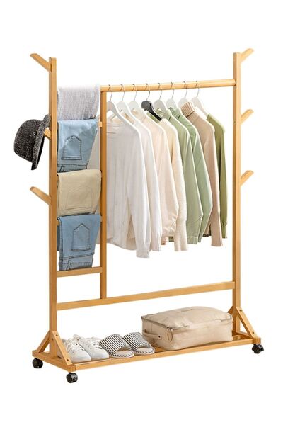 MTL حامل ملابس من بامبو، رف معاطف، منظم وحامل ملابس