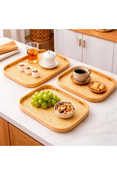 Generic Bamboo Serving Tray Set with Woven Base