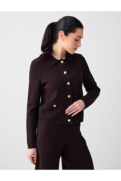 Jimmy Key Acı Kahve Uzun Kollu Gömlek Yaka Düğme Detaylı Triko Hırka