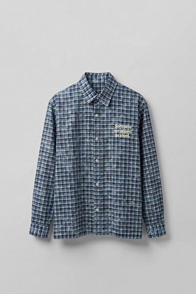 ablukaonline Ανδρικό καρό μακρυμάνικο πουκάμισο σε φαρδιά γραμμή, σκούρο μπλε