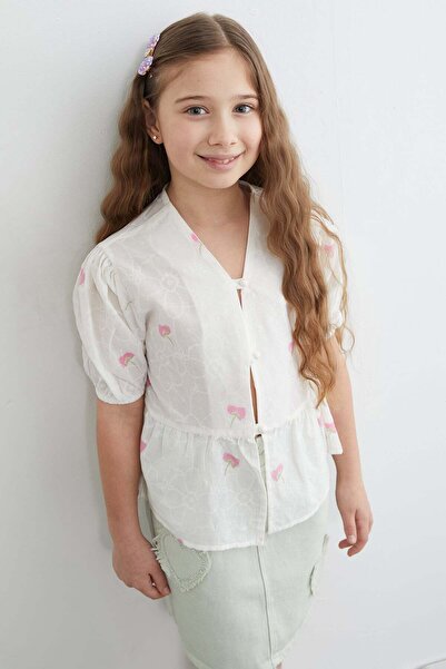 Fulla Moda Cămașă pentru fetițe, 100% bumbac, cu mâneci bufante și broderie f...