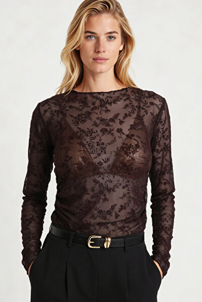 Lovelyİstanbul Διαφανής μπλούζα με στάμπα και κορδόνι LZV0053 ΚΑΦΕ