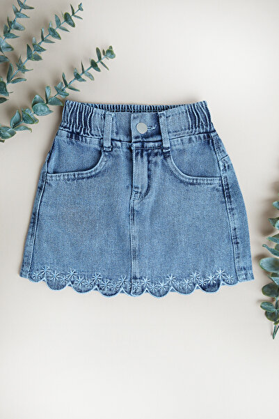 Fulla Moda تنورة جينز للفتيات مطرزة بالزهور مصنوعة من القطن بنسبة 100%