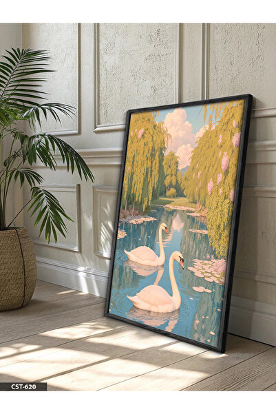 Evinemoda Labudovi u potoku Jednodijelna crna slika u drvenom okviru