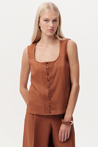 Exquise Square Collar Buttoned Linen Regular Shirt