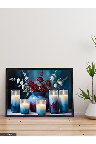 Evinemoda Crveni cvet i sveće, jednodijelna crna slika u drvenom okviru