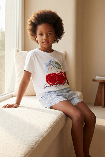 Katia&Bony Set de pijamale pentru fete, cu pantaloni scurți brodați cu cireșe...