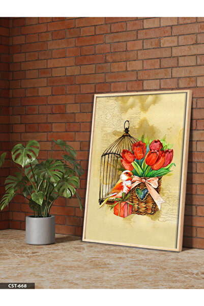 Evinemoda Kavez za ptice i lale, jednodijelna slika u drvenom okviru