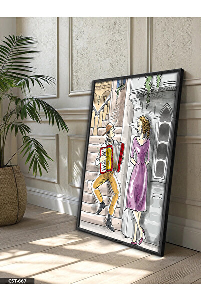 Evinemoda Street Artist and Woman One Piece Black Wooden Framed Painting