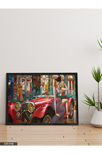 Evinemoda Crveni automobil i žena, jednodijelna crna slika u drvenom okviru