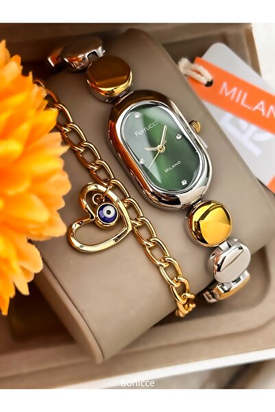 Ferrucci Oval Case Women's Wristwatch, Silver-Yellow Color Steel Band, Green ...