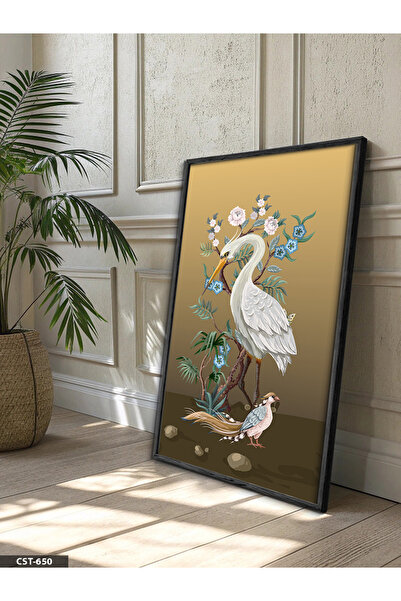 Evinemoda Cvjetna slika sa belom pticom u crnom drvenom okviru