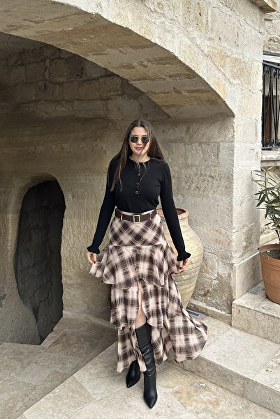 Sorridi Plaid Patterned Ruffled Belted Design Skirt