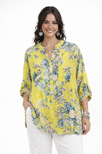 CES.İZ İtalyan İthal %100 Pamuk Çiçek Desenli Kadın Bluz, 3/4 Kol, Mevsimlik,...