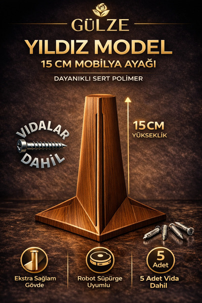 GÜLZE (15 cm) CEVİZ Renk YILDIZ Model Mobilya Ayağı (Mobilya Ayağı, Dolap, Ko...