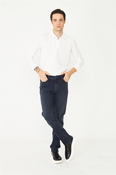 White Stone Dark Blue Straight Cut Classic Casual Jean Trousers