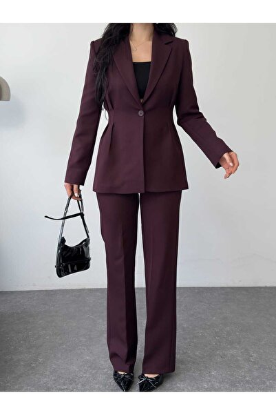 MYGİYİMİSTANBUL Pleated Waist Jacket and Wide-Leg Pants Suit