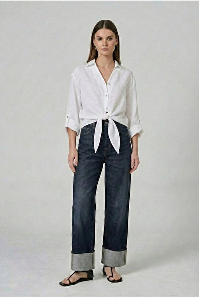 Maule 100% ленна дамска риза с връзки отпред, маншети с ревери и ревери @Sunny