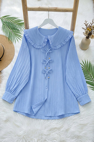 MODAQU Ribbon Detailed Buttoned Baby Collar Shirt Tunic - Blue