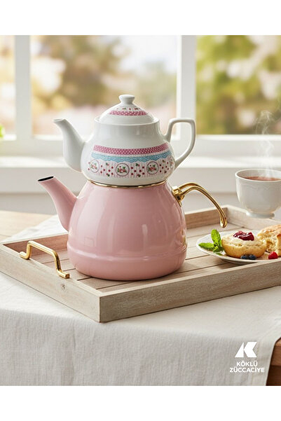 Köklü Züccaciye Porselen Demlikli Emaye Çaydanlık Takımı