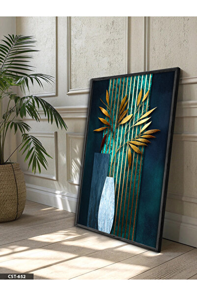 Evinemoda Tablou cu plantă aurie într-o singură piesă, înrămat în lemn negru,...