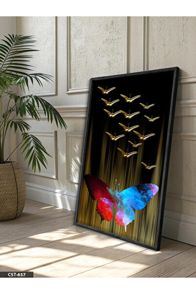 Evinemoda Šareni i zlatni leptir, jednodijelna crna slika u drvenom okviru