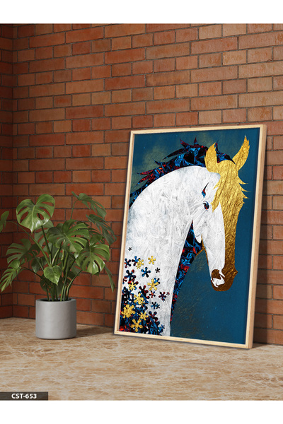 Evinemoda Gold Detailed Colorful Horse One-Piece Wooden Framed Painting