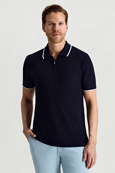 Hemington Merserize Pamuk Fermuar Detaylı Lacivert Triko Polo