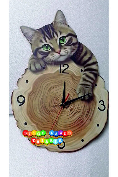 Bilge Lazer bilge Tasarım kedi detaylı Çocuk Odası Duvar Saati 32 x 45 CM