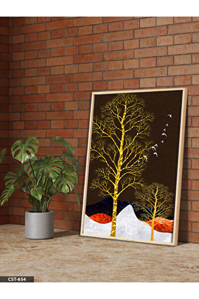 Evinemoda Tablou înrămat dintr-o singură bucată din lemn cu copac și păsări a...