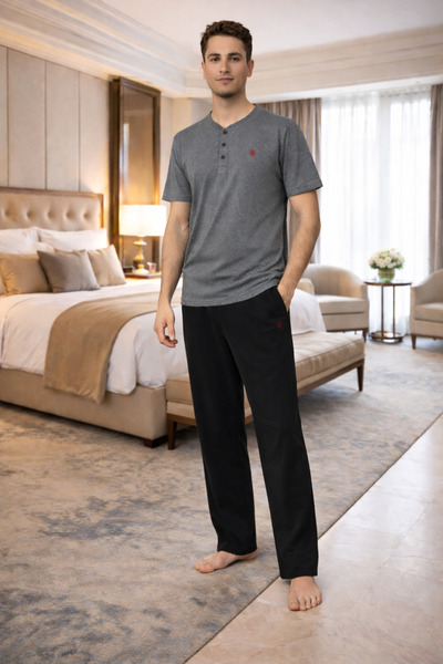 YUYİ Polo Republi̇ca 95% Cotton Buttoned Collar Short Sleeves Men's Pajama Se...