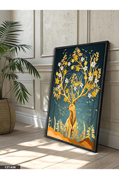Evinemoda Cvjetna zlatna slika jelena u jednom komadu sa crnim drvenim okvirom