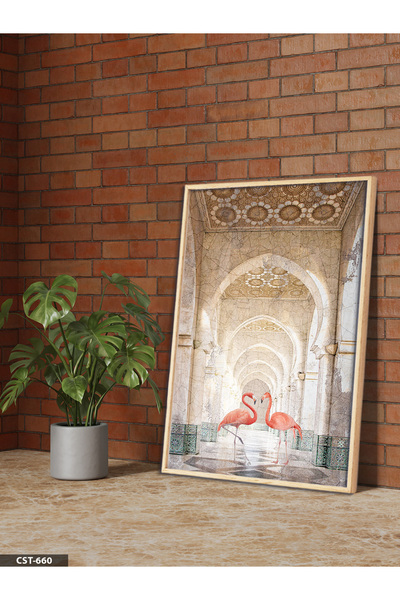 Evinemoda Two Pink Flamingo One-Piece Wooden Framed Paintings