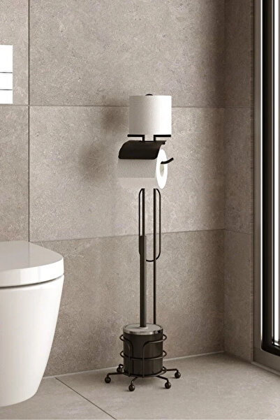 Evistro Banyo Tuvalet Fırçalığı Tuvalet Kağıdı Askısı Yedekli Ayaklı Siyah